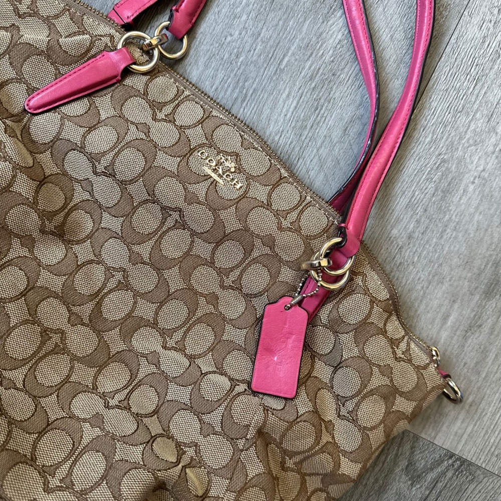 Coach Signature Canvas Pink Leather Trim Tote Bag Shoulder Purse - Picture 2 of 8